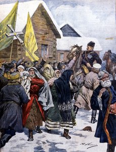 Overtro i Russland: politiet prøver å spre sekten av nye kristne. Illustrasjon av Beltrame. Domenica del corriere. 1901. av Achille Beltrame