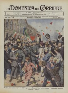 Lardor for krig, vekker avgangen til det 50. regimentet fra Torino til Tripoli entusiasme? av Achille Beltrame