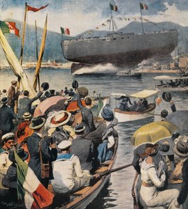 Lansering av slagskipet Andrea Doria fra Arsenale i La Spezia, panel av Achille Beltrame (1871-1945), La Domenica del Corriere, 6. april av Achille Beltrame