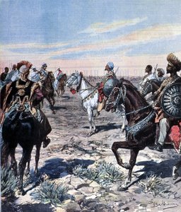 Kaptein Mozzetti på leiren til Ras Makonnen (Mekonnen Welde Mikael) (Abba Qagnew) (1852-1906) i Etiopia. Illustrasjon av Beltrame. Domenica del corriere. 1899. av Achille Beltrame