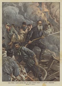 Leo Tolstoj, den store russiske forfatteren, som slokker brannen som brøt ut på et sykehus i Bogoroditzk av Achille Beltrame