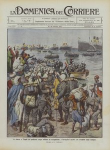 Landgangen i Tripoli av det mektige militære okkupasjonskorpset, ble Bersaglieri ønsket velkommen med sympati av de innfødte av Achille Beltrame