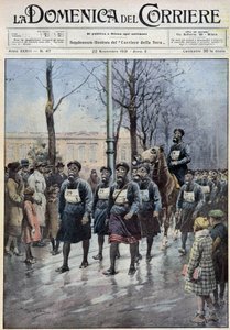 March organised in Warsaw to exercise the population in the use of gas masks - drawing by A. Beltrame, in “” la Domenica del Corriere”” of 22/11/1931 av Achille Beltrame
