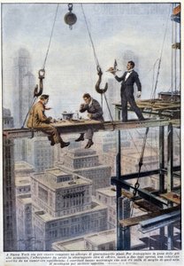 Måltid av to formenn i balanse på rammen av en skyskraper i New York - tegning av A. Beltrame, i "La Domenica del Corriere"" av Achille Beltrame