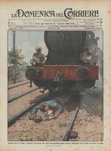 Beundringsverdig tapperhet, jernbanestoker som redder en liten jente i nærheten av Ancona ved å ligge med? av Achille Beltrame