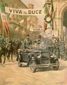 Mussolinis triumferende ankomst til Torino, av Achille Beltrame (1871-1945) fra utgaven av La Domenica del Corriere, oktober 1932 av Achille Beltrame