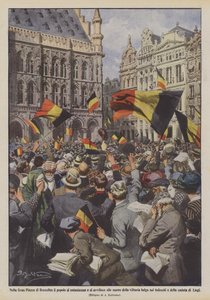 På Grand Square i Brussel er folk entusiastiske og motløse av nyhetene om den belgiske seieren over tyskerne og om Lièges forfall av Achille Beltrame