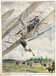 Orville Wright og løytnant Seliridge stuper med biplan fra tretti meter, USA, illustrasjon av Achille Beltrame fra La Domenica del Corriere, 11. oktober av Achille Beltrame