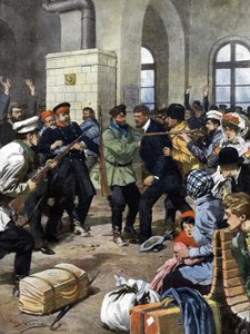 Passasjerer ble angrepet på en jernbanestasjon i Europa av ranere og ranet i venterommet. ill. de Beltrame. La Domenica del Corriere. 07/1909. av Achille Beltrame