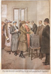 Politiske valg i England: Kvinner som stemmer for første gang, av Achille Beltrame (1871-1945), fra La Domenica del Corriere, 1900-tallet av Achille Beltrame