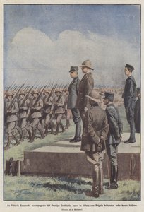 Anmelder kong Vittorio Emanuele, akkompagnert av kronprinsen, en brigade? av Achille Beltrame