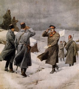 Gjenopptagelse av krigen, tyrkisk parlamentariker som ankommer den bulgarske leiren med melding om slutten av våpenhvilen, av Achille Beltrame (1871-1945), illustrasjon fra La Domenica del Corriere, 9. februar av Achille Beltrame