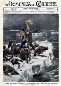 Selfiskere, hvorav noen døde, forble strandet på havets drivende is. ill. de Beltrame. "" La Domenica del corriere"". 12.-19.04.1914. av Achille Beltrame