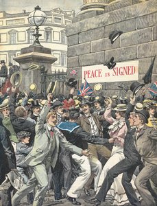 Andre boerkrig. Kunngjøring om slutten av krigen i Londons gater. Illustrasjon av Antonio Beltrame. "The Domenica of the Courier" av Achille Beltrame