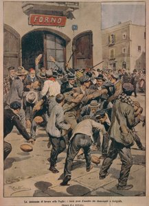 Alvorlig arbeidsmangel i Apulia, ovner som blir stormet av Cerignolas arbeidsledige, av Achille Beltrame, illustrasjon, Illustratør Achille Beltrame (1871-1945), fra La Domenica del Corriere, 20. desember 1908 av Achille Beltrame