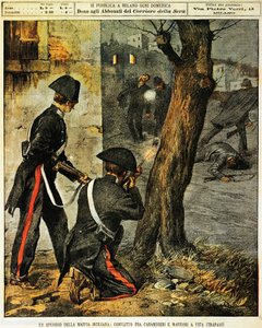 Siciliansk mafiabegivenhet, Kamp mellom carabinieri og mafiagangstere i Trapani, av Achille Beltrame, illustrasjon, illustratør Achille Beltrame (1871-1945), fra La Domenica del Corriere, 31. desember 1899 av Achille Beltrame