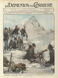 Alpesoldater som utfører skytemanøvrer ved foten av Matterhorn med maskingevær?