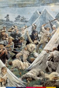 Sør-Afrika. Andre boerkrig. Angrep på den engelske leiren Tweefontein (1902). Illustrasjon av Achille Beltrame. Gravering. av Achille Beltrame