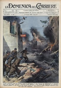 Spansk borgerkrig: sammenstøt i gatene i baskiske byer, med republikanere som ødelegger alt i stedet for å overlate byer til nasjonalister. Illustrasjon av Achille Beltrame i "La domenica del Corriere"" av 27.06.1937. av Achille Beltrame