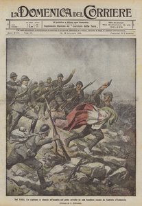 På Veliki skynder en kaptein seg til angrepet med brystet pakket inn i et flagg båret av Gabriele dAnnunzio