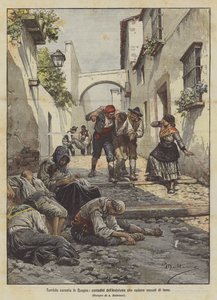 Forferdelig hungersnød i Spania, andalusiske bønder faller utmattet av sult av Achille Beltrame