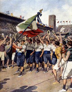 De olympiske leker i Stockholm 1912: det vinnende italienske gymnastikklaget. Ill. d