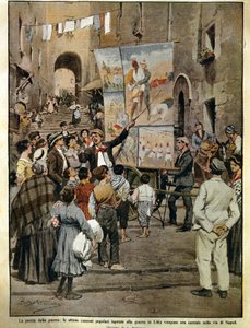 The Domenica del Corriere (italiensk søndagsavis) fra 8. desember 1910, folkesanger inspirert av krigen i Libya blir sunget i Napoli av balladesangere, av Achille Beltrame, illustrasjon av Achille Beltrame