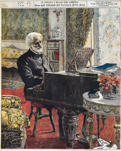 Den italienske komponisten Giuseppe Verdi i hans studie, plate av Achille Beltrame (1871-1945), La Domenica del Corriere, 8. oktober av Achille Beltrame