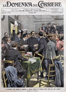 Maxim Gorkis ankomst til møterommet på kongressen i London etter revolusjonen i 1905 i Russland. Omslag av La Domenica del Corriere fra 26.05.1907. av Achille Beltrame