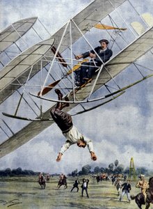 Luftens dramaer: Orville Wright og den amerikanske løytnanten Selfridge suser med flyet fra tretti meters høyde. Illustrasjon av Beltrame. La Domenica del Corriere. 1908. av Achille Beltrame