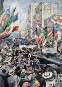 Den entusiastiske velkomsten fra det amerikanske folket til Ferdinand de Savoy, hertugen av Genova og prinsen av Udine (1884 - 1963) da han ankom Boston. ill. de Beltrame. La Domenica del Corriere. 06/1917. av Achille Beltrame