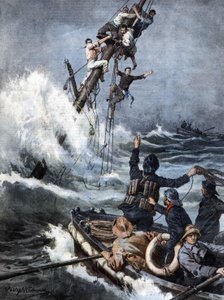 Redningsteamet brakte sjømennene på en forliste dampbåt tilbake trygt etter 40 timer på mastene til det synkende skipet. ill. de Beltrame. La Domenica del Corriere. 08/1909. av Achille Beltrame