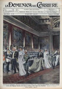 Kongeparet, Victor Emmanuel III (Victor-Emmanuel) (Vittorio Emanuele III) (1869-1947) og hans kone Helene av Montenegro etterfulgt av prins Humbert (Umberto) II og Mary Jose (Marie-Jose av Belgia, Maria Jose av Savoie) ) gå til Paolina-kapellet (Paol av Achille Beltrame
