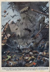 Tragedien av en skoleeksplosjon i New London, Texas, forårsaket av en gasslekkasje 18. mars. Illustrasjon av Achille Beltrame i "La domenica del Corriere"" av 04.04.1937. av Achille Beltrame