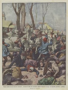 Tragisk panikk på et marked for dyr, hundrevis av okser som plutselig flykter? av Achille Beltrame