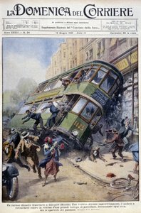 Tram accident in Glasgow, Scotland: one of the cars spilled over on a porcelain showcase and on passers-by - drawing by A. Beltrame, in “La Domenica del Corriere”” of 1 February 1931. av Achille Beltrame