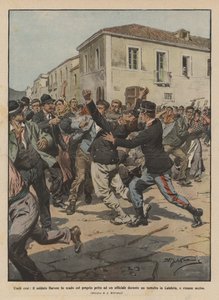 Ydmyke helter, soldaten Baron skjermer en offiser med brystet under et opprør? av Achille Beltrame
