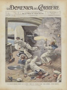 En dødelig eksplosjon produsert av en kanon ombord på det britiske slagskipet Royal Sovereign foran Missolungi av Achille Beltrame