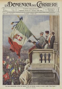 En uforglemmelig scene, i rettssakens time, vifter kongen fra Quirinale med trikoloren og roper Viva lItalia! av Achille Beltrame