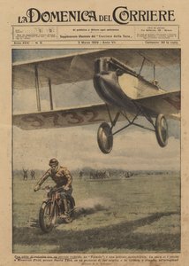 En fartsutfordring mellom et lite fly, en Moth og en kraftig motorsykkel av Achille Beltrame