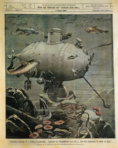 Undervannsfartøy for å utforske havbunnen, illustrasjon av Achille Beltrame (1871-1945), fra La Domenica del Corriere, 1. mars av Achille Beltrame