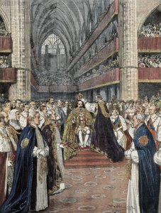 Storbritannia (1901). Kroningen av Edward VII i Westminster Abbey. Illustrasjon av Achille Beltrame publisert i Domenica del Corriere. Gravering. av Achille Beltrame