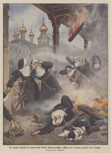 Et historisk kloster i brann i Podolia (det europeiske Russland), fem katolske nonner omkom i flammene