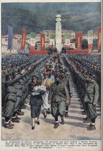 Bryllupsseremoni for medlemmer av svarte skjorter i Veronese Caprino en Venetie Illustrasjon av Achilles Beltrame de "" La Domenica del corriere "" "av 10/10/1937. av Achille Beltrame