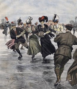Winter fun. Skaters. illustration by Achille Beltrame in 1907. av Achille Beltrame