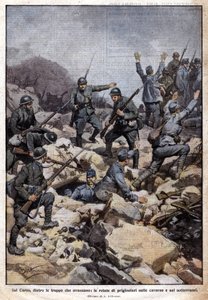 Første verdenskrig: Italiensk front på Carso-platået (Trentino) og fanger i undergrunnen. "Domenica del Corriere". 07/1917 (litografi) av Achille Beltrame