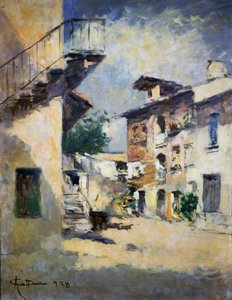 Interiør av rustikk gårdsplass, av Achille Cattaneo (1872-1931). Italia, 1900-tallet. av Achille Cattaneo