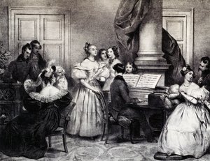 Familiekonsert med piano, av Achille Deveria (1800-1857), gravering, Frankrike