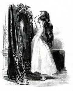 Madame Bovary, for Gustave Flauberts roman - Emma Bovary bunker det lange håret sitt foran speilet av Achille Devéria