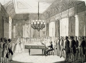 Musikalsk aften med piano, av Achille Deveria (1800-1857), gravering, Frankrike
